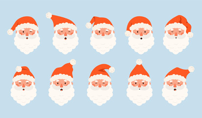 Santa Claus head portraits face emotion. Old man with beard and red hat. Cartoon vector illustration isolated on blue background