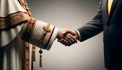 Church and State concept.A politician and priest shake hands.