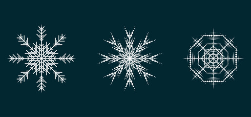 Group of Soft snowflakes collection isolated on black background. Set Flat snow icons, silhouette. Nice element for Christmas banner, cards. New year ornament concepts