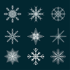 Fototapeta na wymiar Soft snowflakes collection isolated on black background. Set Flat snow icons, silhouette. Nice element for Christmas banner, cards. New year ornament