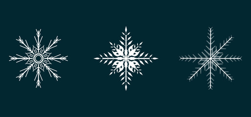 Fototapeta na wymiar Three Soft snowflakes collection isolated on black background. Set Flat snow icons, silhouette. Nice element for Christmas banner, cards. New year ornament