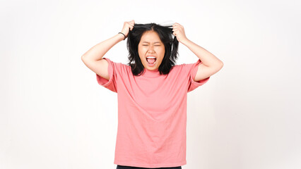 Angry Stressed and Pull Hair Of Beautiful Asian Woman Isolated On White Background