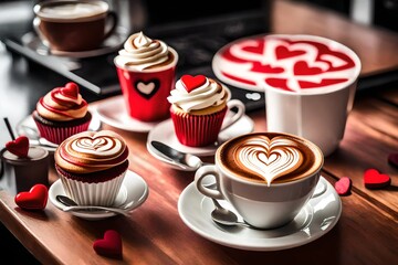 Valentine's Day themed coffee shop with heart-shaped latte art, red velvet cupcakes, and romantic music playing in the background