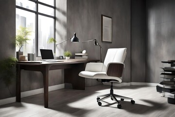 Contemporary office space featuring an ergonomic white chair, a dark wooden drawer desk, ample natural light from a window, against a textured grey wall
