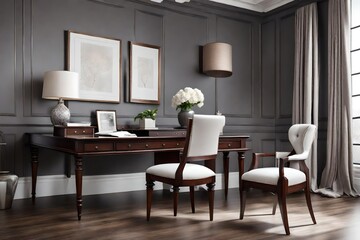 Elegant office area with a luxurious white tufted chair, a classic mahogany drawer desk, next to a window with roman shades, against a dove grey wall
