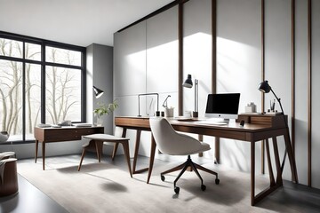 Cozy workspace in a modern setting with a white cushioned chair, a sleek walnut drawer desk, beside a floor-to-ceiling window, against a light grey wall