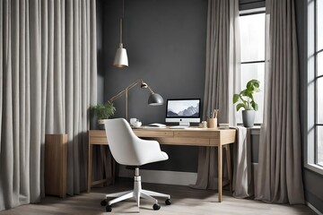 home office design with a white swivel chair, a light oak drawer writing desk, placed near a window with sheer curtains, against a matte grey wall