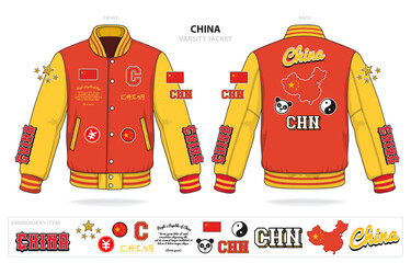 vintage varsity china jacket mockup template vector - obrazy, fototapety, plakaty