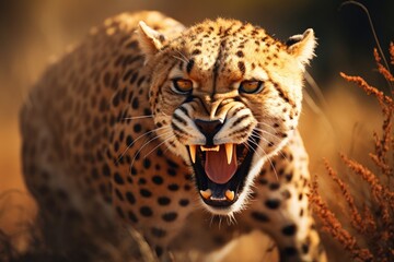 Roaring dangerous cheetah in the wild