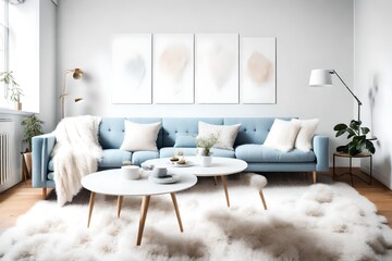 Fototapeta na wymiar Bright, minimalist living room with a cozy, light blue sofa, assorted throw pillows, ample wall space for copy, and a white, fluffy sheepskin throw adding texture