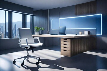 Fototapeta premium High-tech modern office with a futuristic white office chair, a streamlined maple wood desk with drawers, beside a large window, against a patterned grey wall