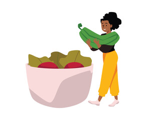 Smiling woman put huge vegetables in bowl flat style