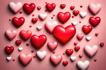 Elegant Valentine's Day background featuring red hearts with a glossy finish, arranged in a heart shape on a subtle gradient from pink to white