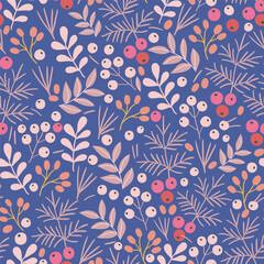 Vector seamless pattern with pink flowers and cranberry berries on a blue background.