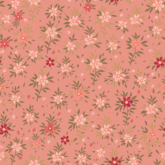 Floral pattern. Beautiful flowers on a coral background. Print with small pink, red and burgundy flowers. Green stems and leaves. Seamless vector texture. Spring bouquet.