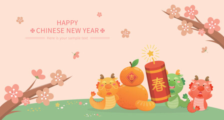 Cartoon style dragon mascot celebrating Chinese new year, firecrackers with orange and plum blossoms, pink spring poster