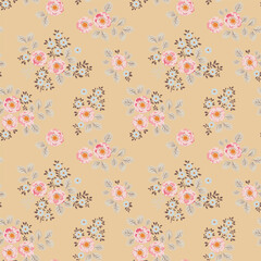 Seamless vector pattern with a bouquet of bright flowers in vintage style on a beige background. Pale pink roses and blue flowers.