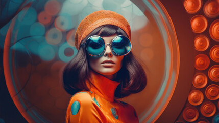A woman in futuristic retro style wearing sunglasses 