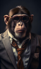 Fototapeta premium portrait of monkey dressed in trendy urban clothes, confident. Fashion portrait of an anthropomorphic animal, posing with a charismatic human attitude