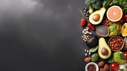Obraz na płótnie Canvas Selection of Healthy Foods on a Gray Concrete Background，PPT background