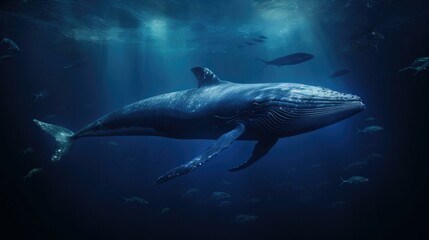 Fototapeta premium A large blue whale swimming in the ocean. Generative AI.