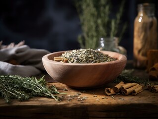 Herbs and spices in a wooden bowl on a table. Generative AI.