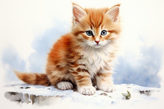 Watercolor cute kitty portrait. AI generative
