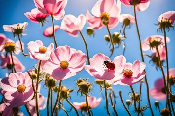Beautiful pink flowers, anemones, and a ladybug in spring nature outdoors against a blue sky