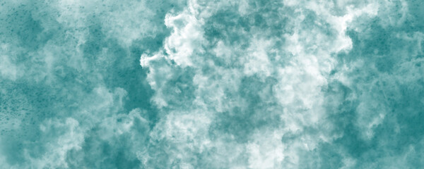 Abstract watercolor illustration featuring a Blue and white sky with wispy clouds, set against a turquoise background reminiscent of cement wall texture with old grunge elements 