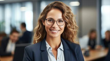 A smiling business woman wearing glasses in a suit 