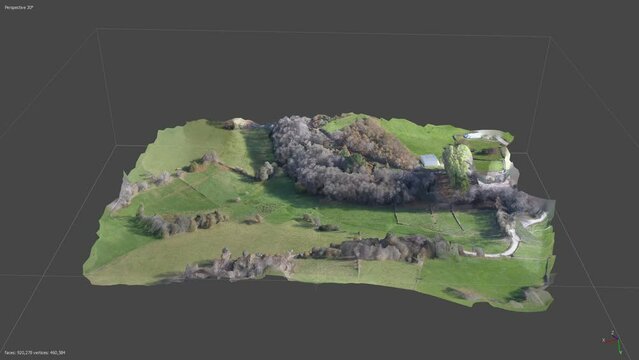 3D animation of a photogrammetric model generated from drone images, showing forest contours, roads and paths.