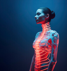 Futuristic woman with neon exoskeletal costume. Soul, body and healthcare future background. Ai generated image