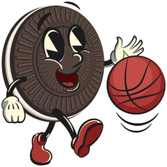 mascot, character, vintage cute sweet cream sandwich biscuit is dribbling a basketball calmly, illustration, vector, isolated cartoon, emoticon, vintage mascot of cute sweet cream sandwich biscuit