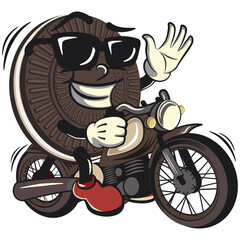 mascot, character, vintage cute sweet cream sandwich biscuit riding a big motorbike while wearing sunglasses, illustration, vector, isolated cartoon, emoticon, vintage mascot