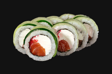 Cucumber sushi rolls with salmon, tobiko caviar and cream cheese