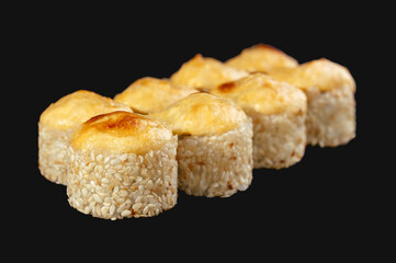 Hosomaki sushi, fried Poppies with fresh salmon on a black background