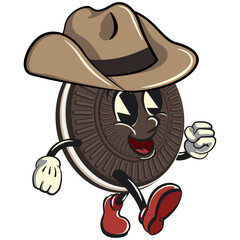 mascot, character, vintage cute sweet cream sandwich biscuit walking calmly in cowboy hat, illustration, vector, isolated cartoon, emoticon, vintage mascot cute sweet cream sandwich biscuit
