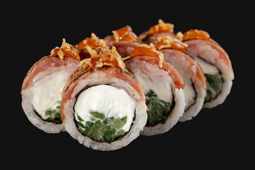 sushi roll with salmon and cucumber  isolated on black background.