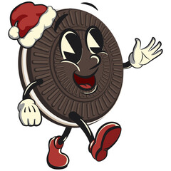 Cute sweet cream sandwich biscuit vintage character mascot with funny face wearing Santa Claus hat, isolated, cartoon, vector, illustration, emoticon, cute sweet cream sandwich biscuit vintage mascot