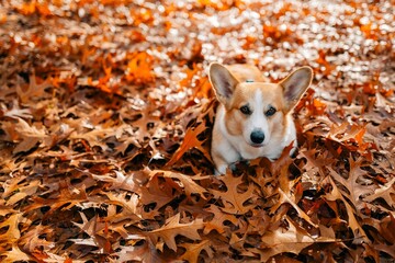 Corgi dog sits on a carpet of autumn yellow leaves