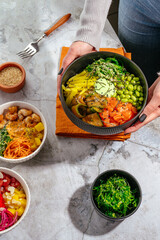 Hawaiian salmon poke bowl with rice