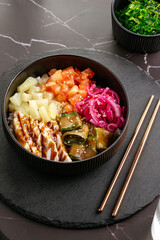 Hawaiian chicken poke bowl with rice