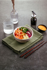 Hawaiian salmon poke bowl with rice