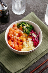 Hawaiian salmon poke bowl with rice