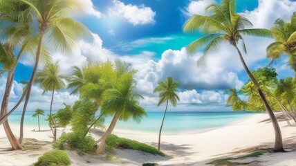 Fototapeta na wymiar Beautiful beach with white sand, green palm trees and blue sky with clouds on Sunny day. Summer tropical landscape, panoramic view.