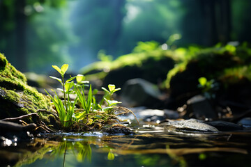 the gentle light of spring as it illuminates a slowly flowing stream