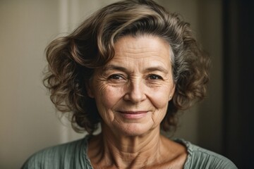 Fototapeta premium Portrait a middle-aged woman in 1940's with a face without makeup, happy eyes but don't laugh, her skin is not smooth.