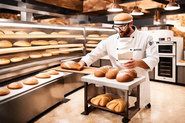 baker with bread in bakery
