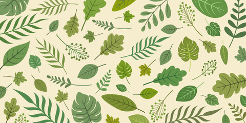 Beautiful Autumn Green Fall Leaves Background Pattern, beige, sale, decorative, vector illustration.	