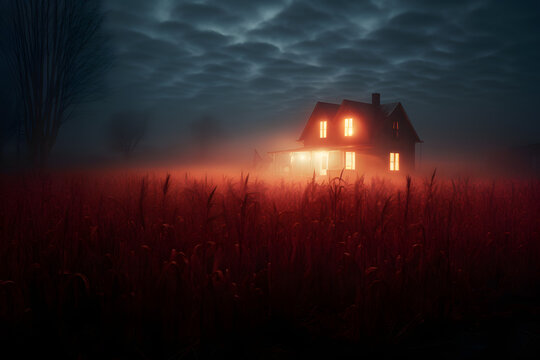 a cabin surrounded by fog. red lights shining out of windows. cornfield. generative ai.
